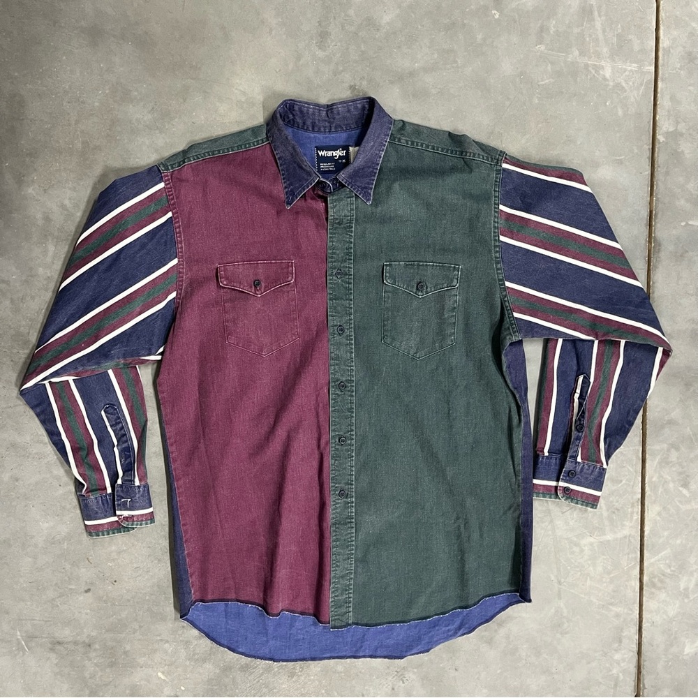 VTG Wrangler Brushpopper Shirt XL 17-35 Striped Maroon Green Blue Western Rodeo‎